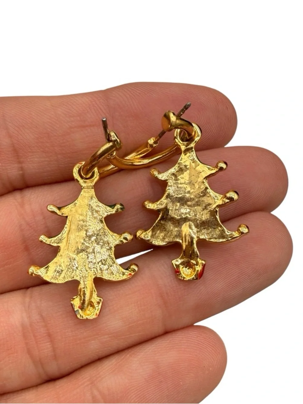 Vintage Christmas Tree Hoop Dangle Earrings- Red & Green Enameled Trees on Gold